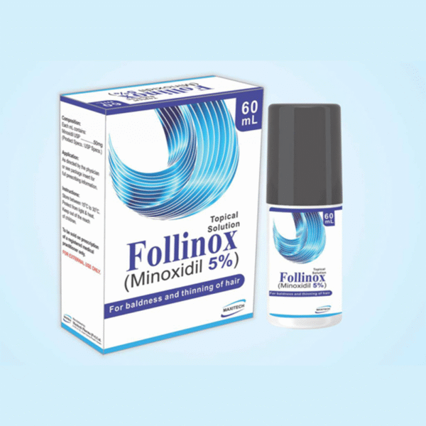 FOLLINOX SPRAY 5% topical hair growth solution that revitalizes thinning hair promotes hair density reduces hair loss absorbs quickly non-greasy and safe for men and women.